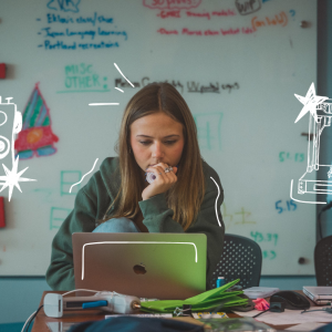 A student works on a laptop in the MIST Lab, surrounded by whiteboards covered in notes and project ideas. Illustrated graphics of a sewing machine and a 3D printer are overlaid on the image.