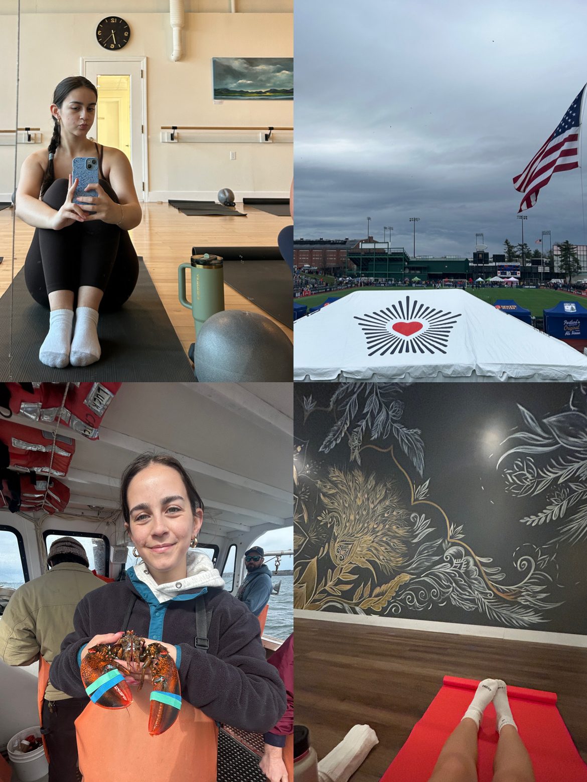 A four-photo collage of Emma's semester: a yoga studio selfie, a Portland soccer match, holding a lobster on a boat and a pilates class.