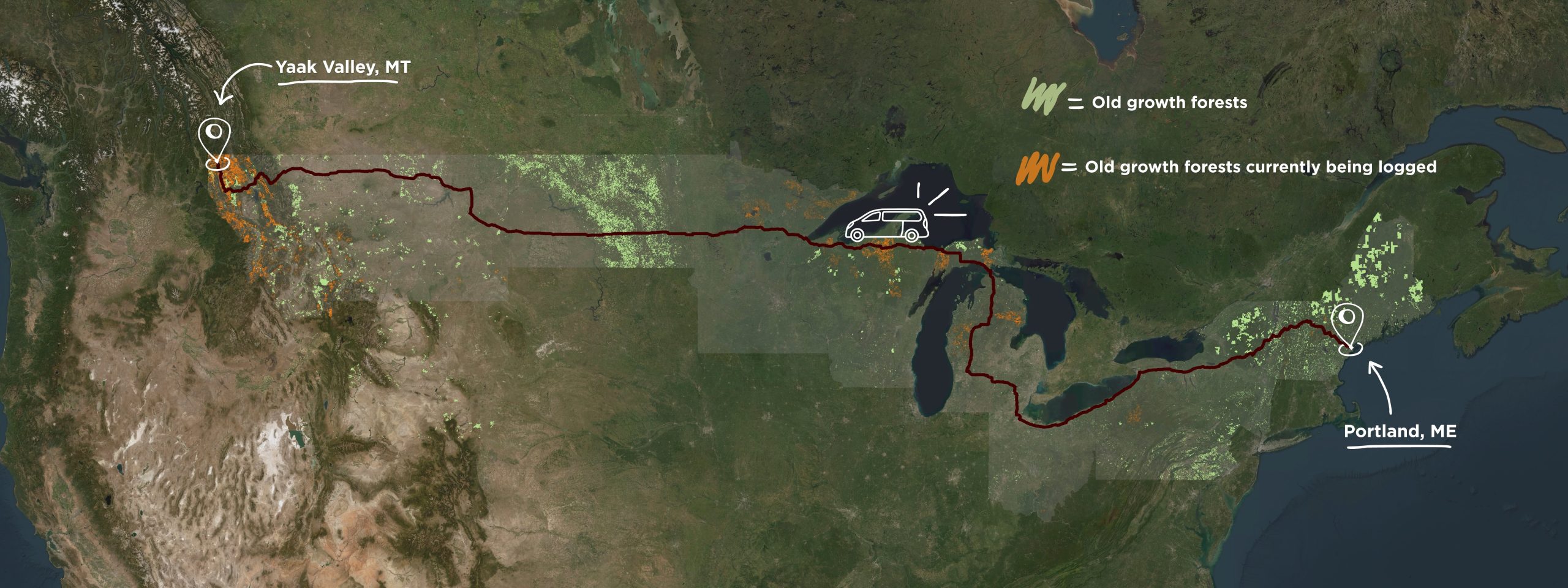 A satellite map of the northern United States showing the Green Curtain Roadshow route, marked by a dark red line traveling from Portland, ME to Yaak Valley, MT. Green markings indicate old-growth forests; orange markings indicate old-growth forests currently being logged.