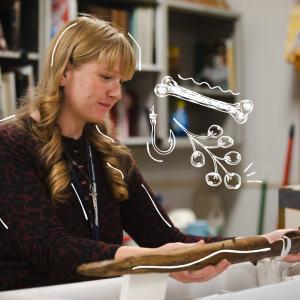 Camdyn Johnson holds an ancient wooden fish weir stake in the Maine State Museum's collections building, with illustrated icons of a bone, fishing hook, and berries layered over the photo.