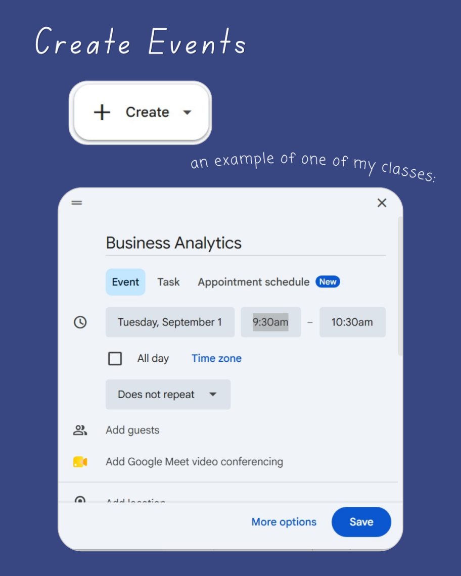 Screenshot of a Google Calendar event creation window titled 'Create Events,' showing a sample class event for Business Analytics on Tuesday, September 1 from 9:30 to 10:30am.