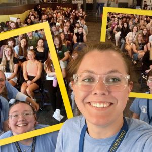 Orientation Leaders with students in the background.