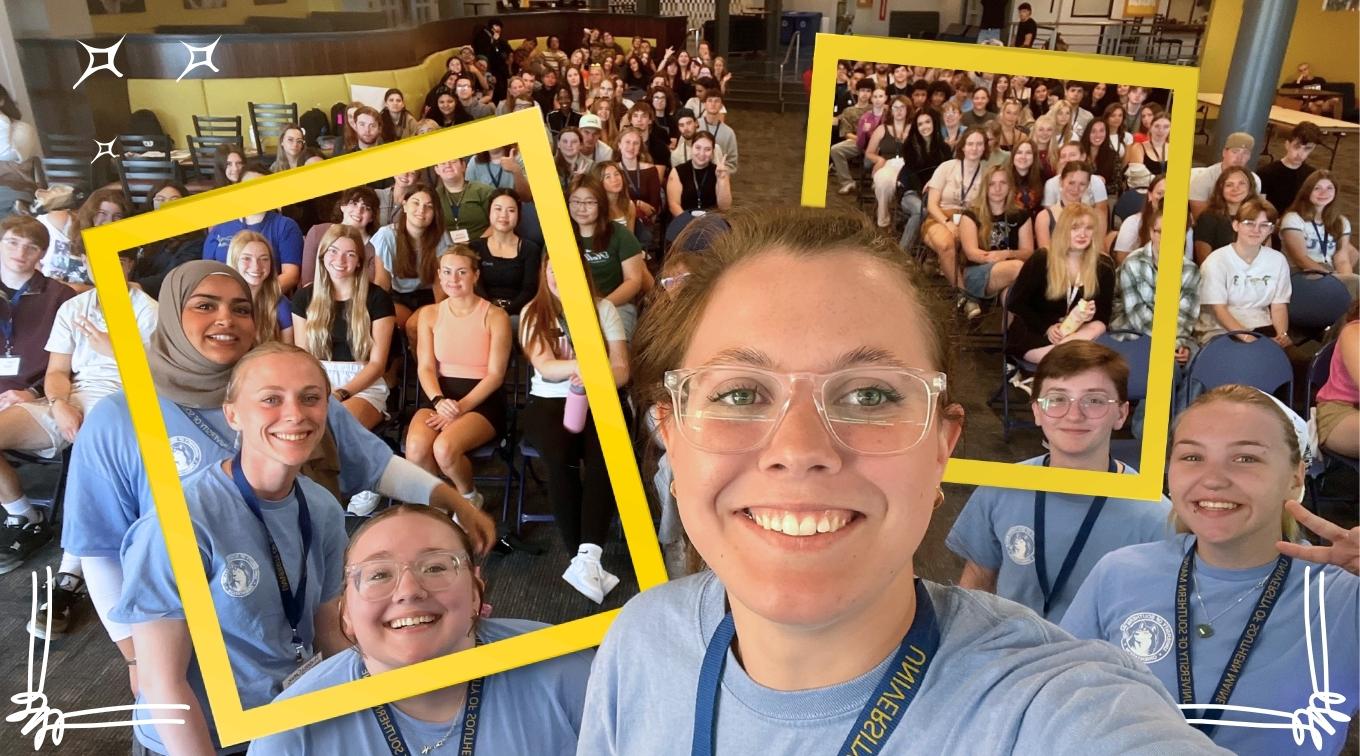 Orientation Leaders with students in the background.