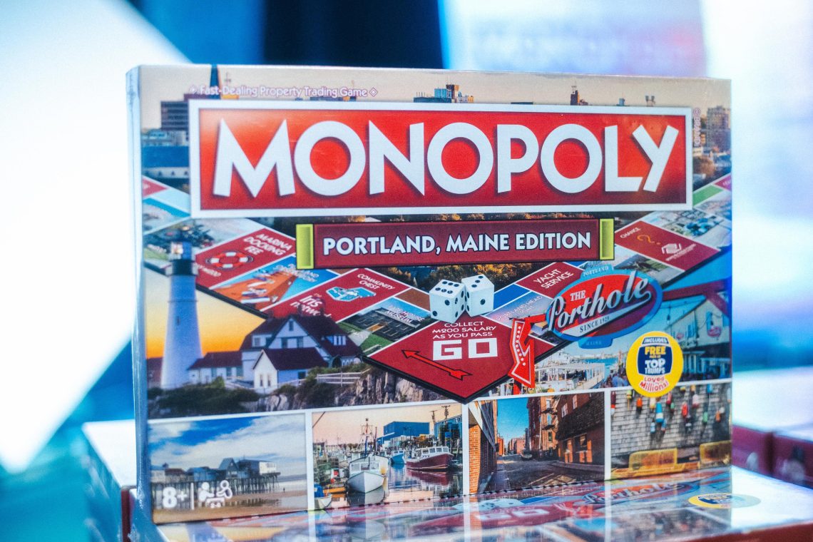 Box for a Portland, Maine edition of Monopoly featuring local landmarks like Portland Head Light and the fishing wharf