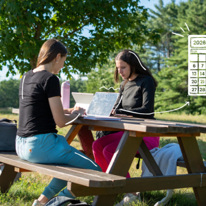 Featured image of two students working on laptops at an outdoor picnic table, with an illustrated September 2026 calendar graphic layered over the scene.