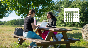 Featured image of two students working on laptops at an outdoor picnic table, with an illustrated September 2026 calendar graphic layered over the scene.