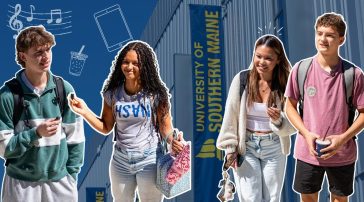 Students placed over top USM backdrop with graphics of various first day of school need.