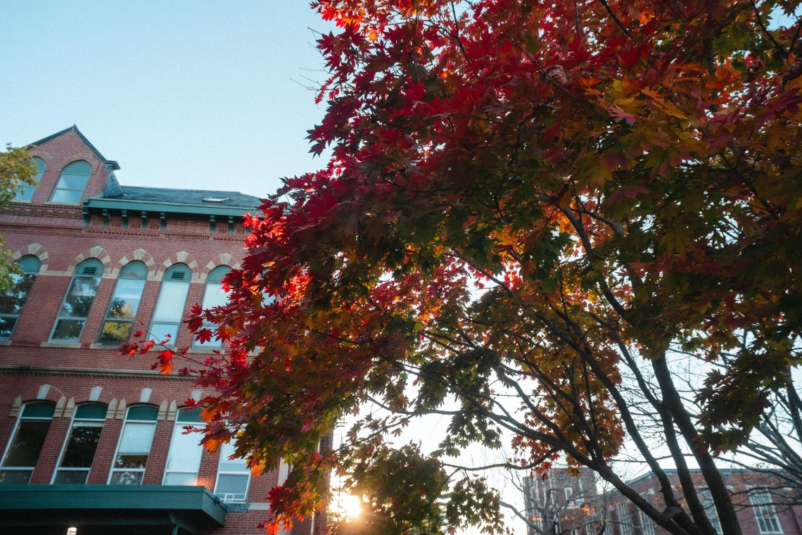 Vibrant red maple leaves in fall foliage framing historic brick building on USM Gorham campus