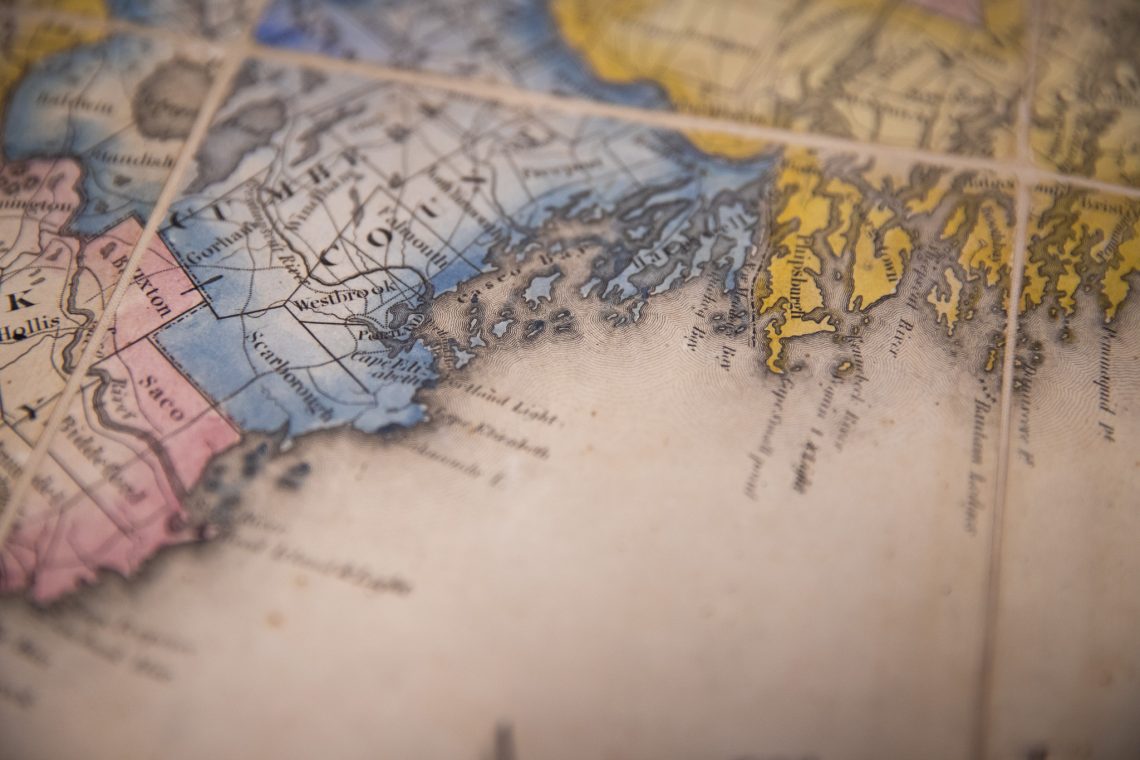 Close up shot of Portland on Maine's first map.