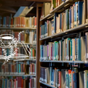 Rows of colorful books on tall shelves, overlaid with a white line drawing of an open book, a cup of tea on a saucer and climbing leafy vines.