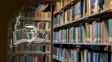 Rows of colorful books on tall shelves, overlaid with a white line drawing of an open book, a cup of tea on a saucer and climbing leafy vines.