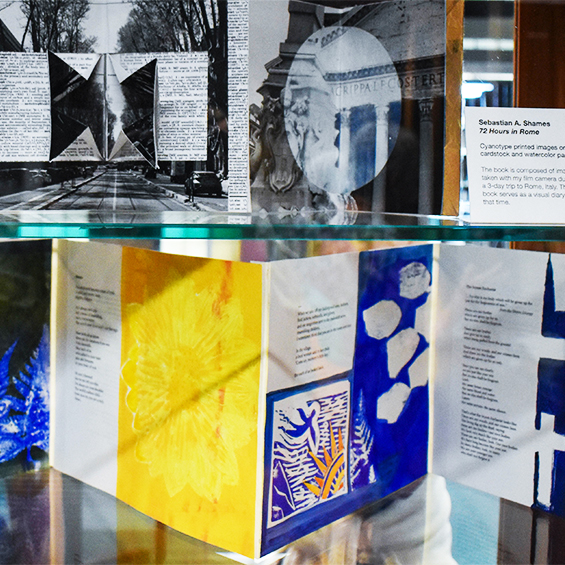 Image of Artist Books in glasss display case.