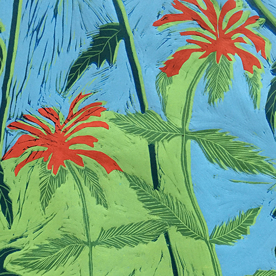 Detail of 5-color woodblock print of flowers by Rebecca Goodale