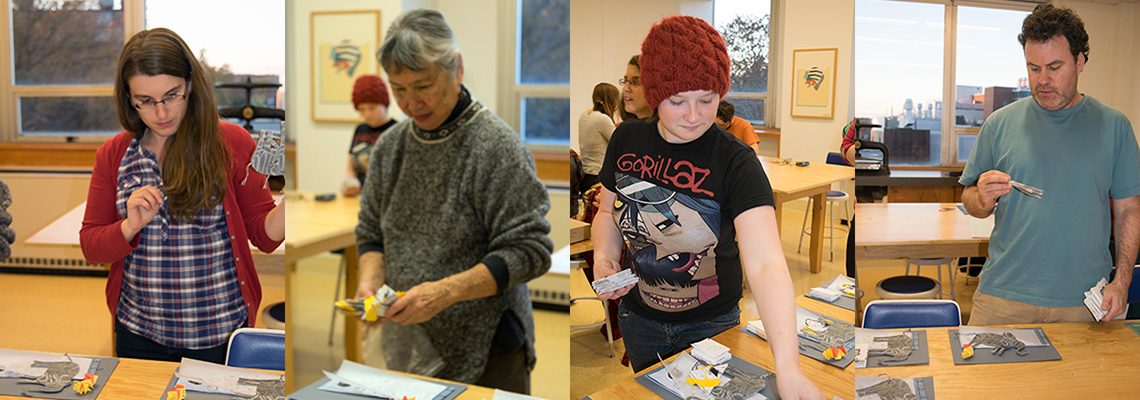 Four images of students creating artists books during a Workshop