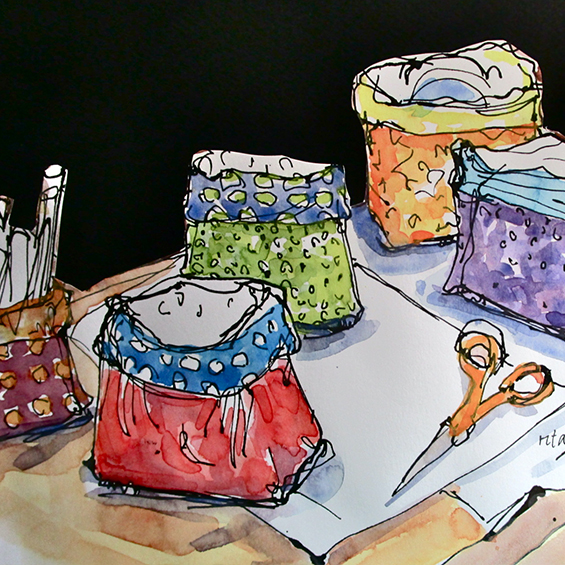 Drawing of dancing buckets in the Art studio by Swidrowski