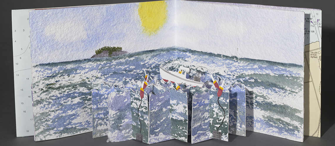 Spread from Artist's Book, Work Day, by Lauren Sahl, Final Project for Summer Book Arts Workshop, Summer 2022