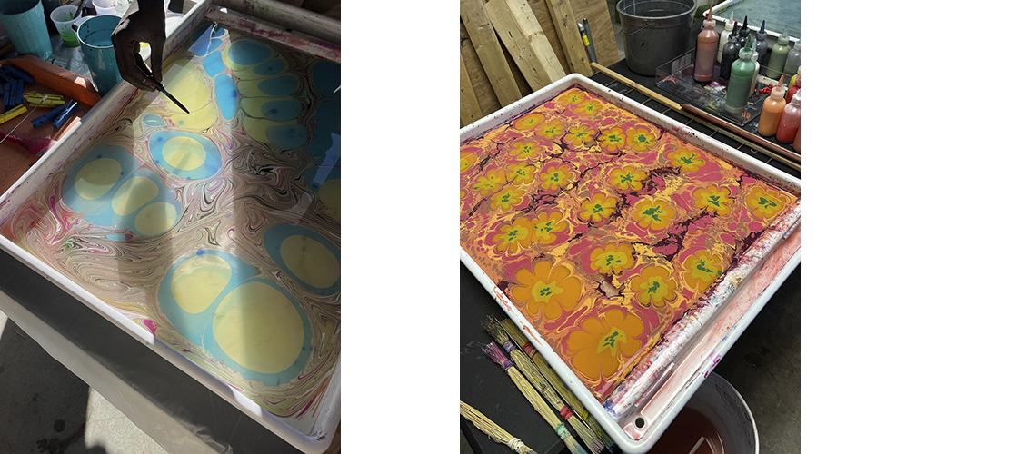 Two photographs of the paper marbling process.