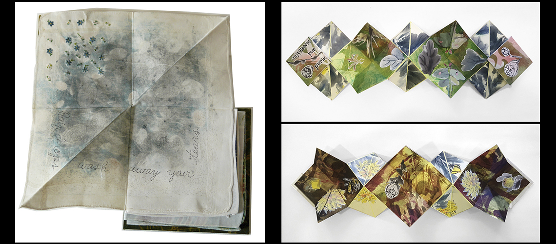 Two Artist's Books by Stephanie Stigliano. L-R: "Places Where Tears" and "Mead and Moonshine", both sides.
