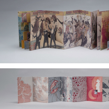 Accordion books by artist Sue Rogers. The images are displayed with their pages spread open, revealing paper cutouts and paper illustrations.