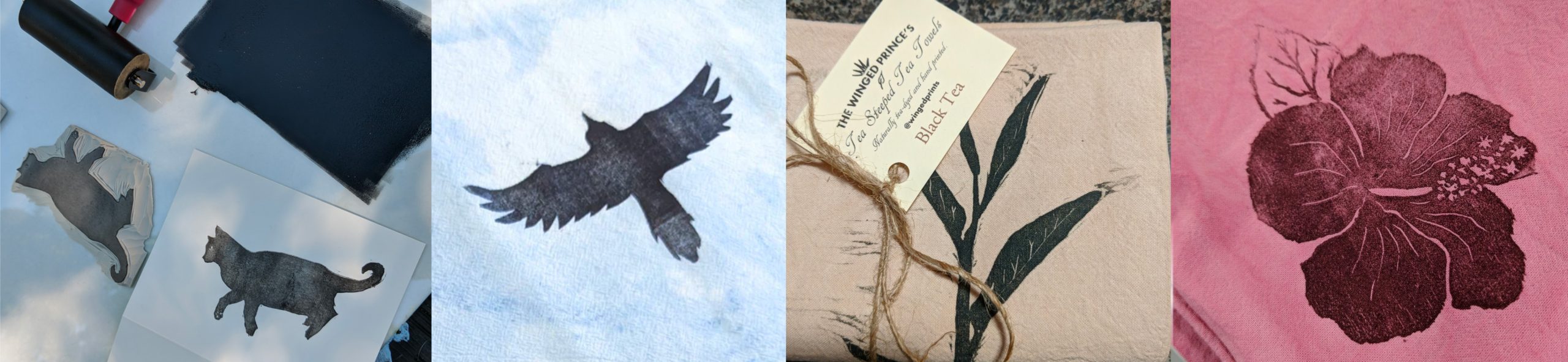 Hand-printed sample images by the artist Jaime Wing: a block-printed cat, a flying bird, a plant with a tag, and a flower on fabrics.