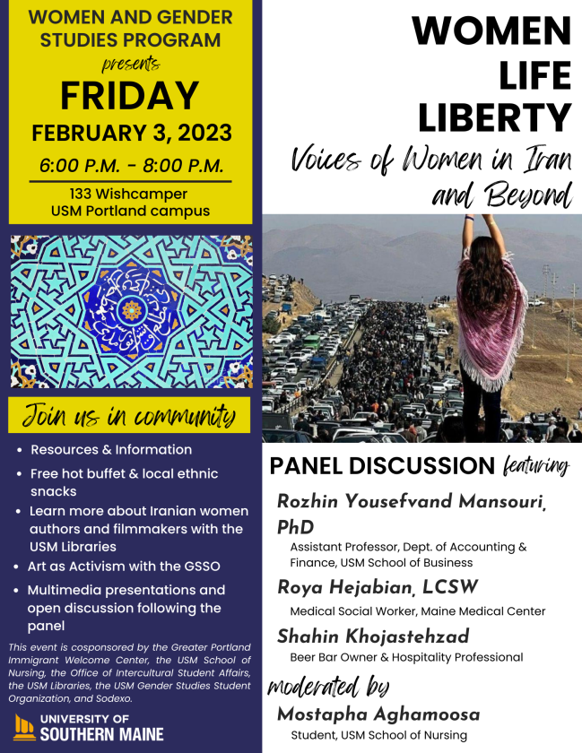 Flyer for women and gender studies event including a picture of geographic Iranian art and a picture of a protest/march