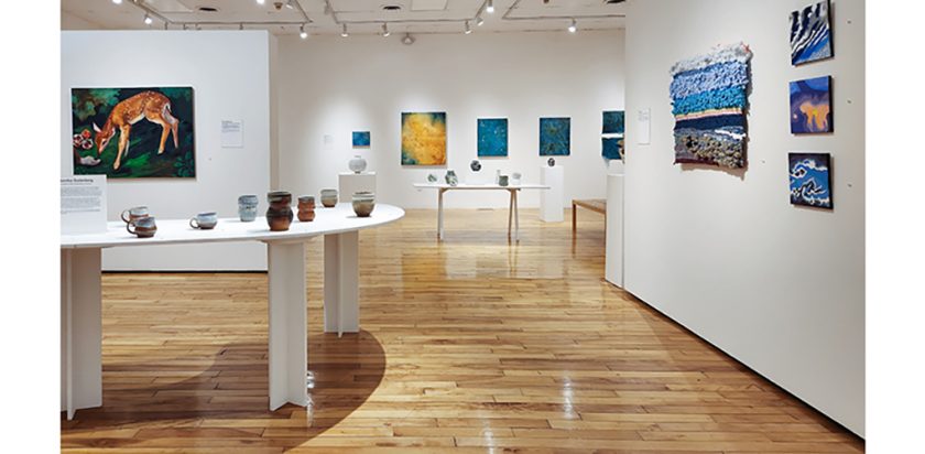 An Image of a gallery with paintings and ceramics.