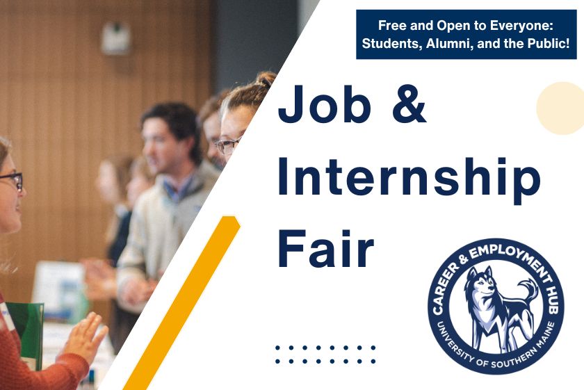 Background image of students talking with representatives at the Fair. Free and open to everyone: students, alumni, and the public! Job & Internship Fair. Career Hub logo.