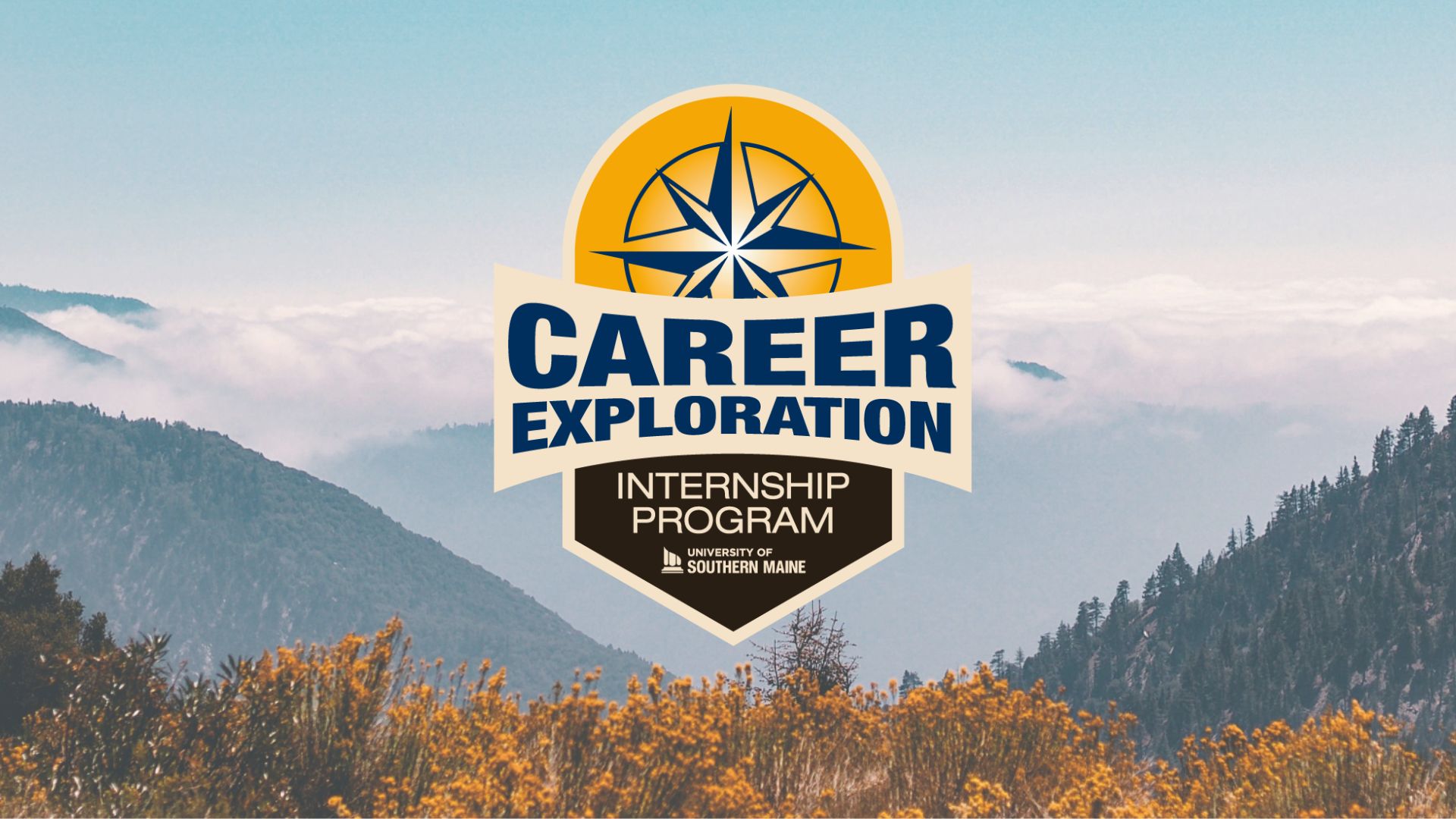 Image of the Career Exploration Internship Program logo in front of a background picture of mountains.