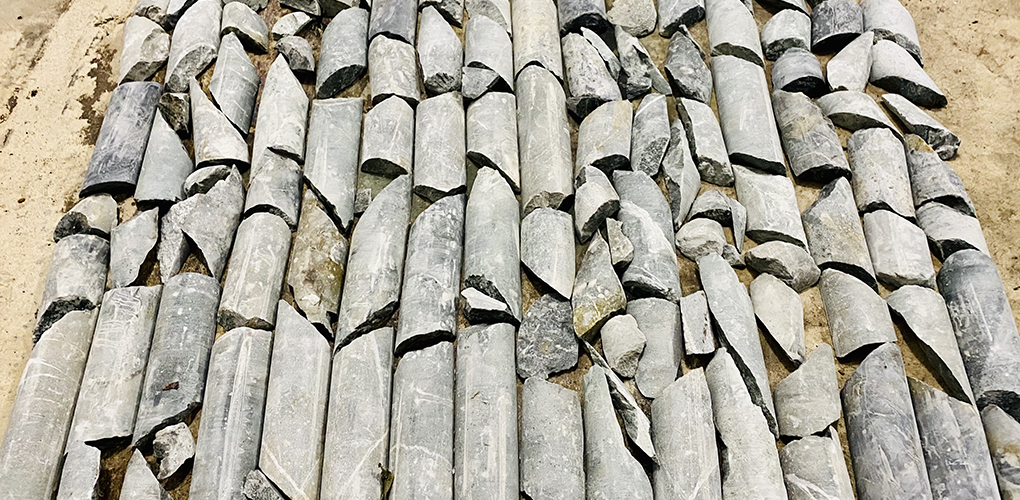 A series of grey cylindrical rocks arranged on a sandy ground.