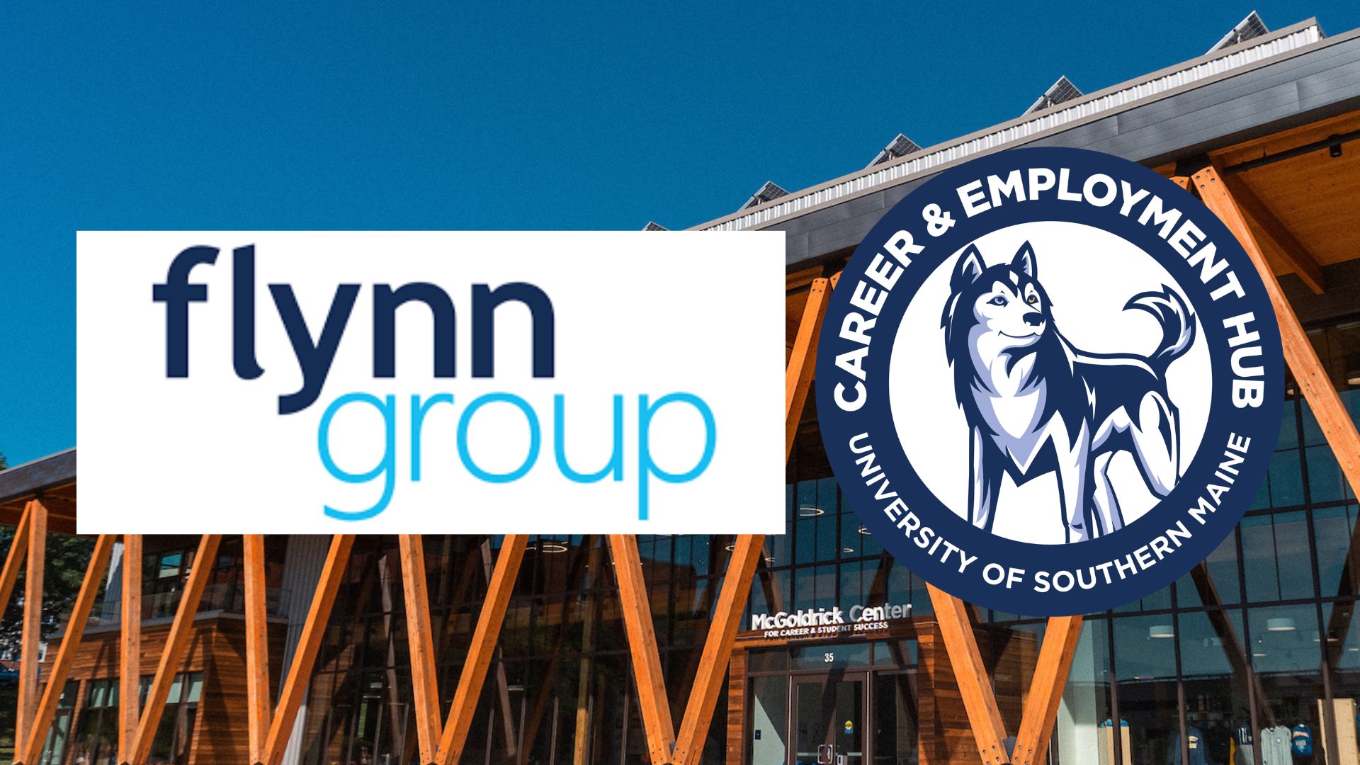 Logos for Flynn Group and the Career & Employment Hub on a background of the McGoldrick Center.
