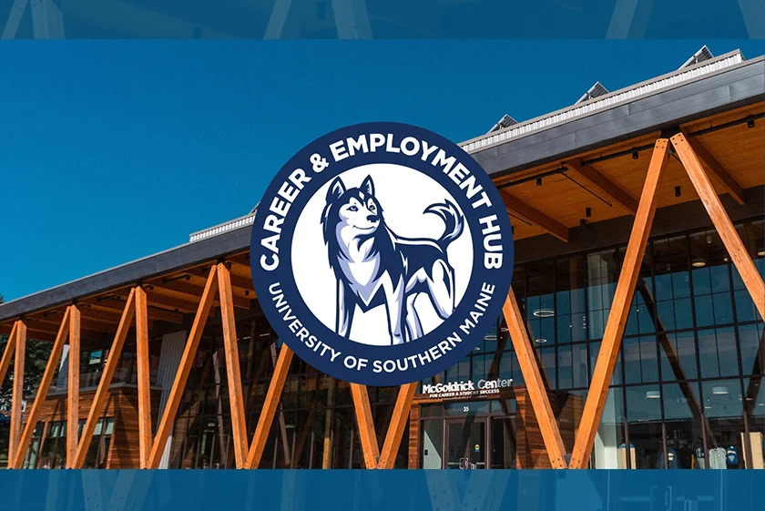 Career & Employment Hub graphic with a background of the front of the McGoldrick Center.