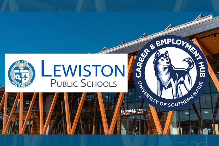 Lewiston Public Schools logo and Career Hub graphic with a background of the McGoldrick Center