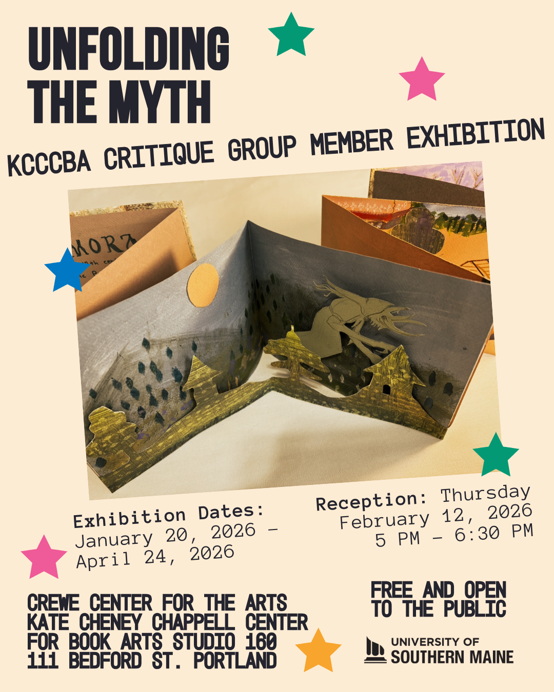 Colorful infographic for "Unfolding the Myth" KCCCBA Critique Group Members public exhibition.