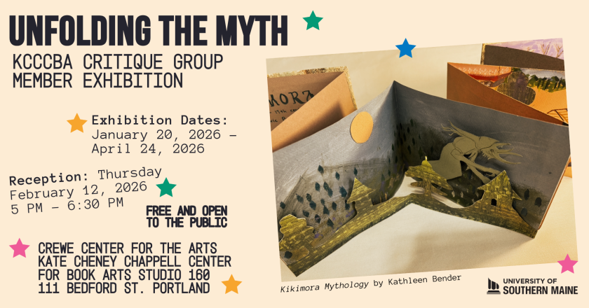 Colorful infographic for "Unfolding the Myth" KCCCBA Critique Group Members public exhibition. 