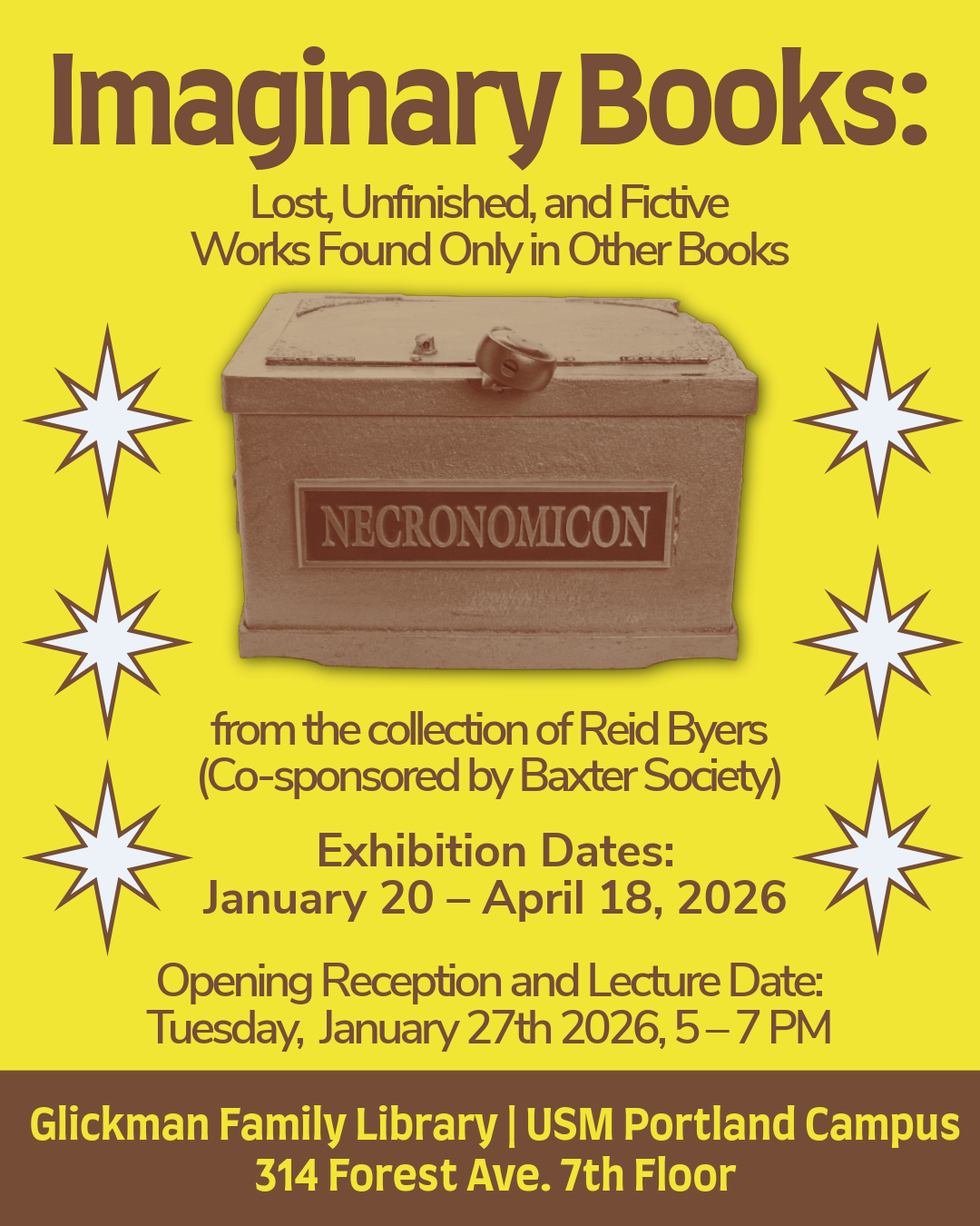A box with a label that reads "Necronomicon" sits at the center of this infographic for a book arts exhibition opening reception and lecture titled, "Imaginary Books: Lost, Unfinished, and Fictive Works Found Only in Other Books from the collection of Reid Byers"