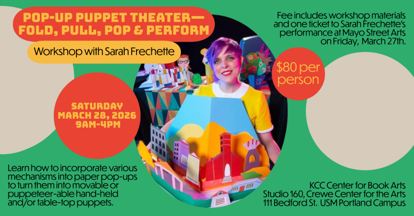 Colorful infographic featuring an image of instructor, Sarah Frechette, at the center alongside text that describes the time and date of the event.