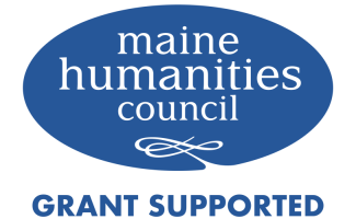 A blue oval with "Maine Humanities Council" in the center and a calligraphic flourish beneath. Beneath the circle, it reads "GRANT SUPPORTED" in blue.