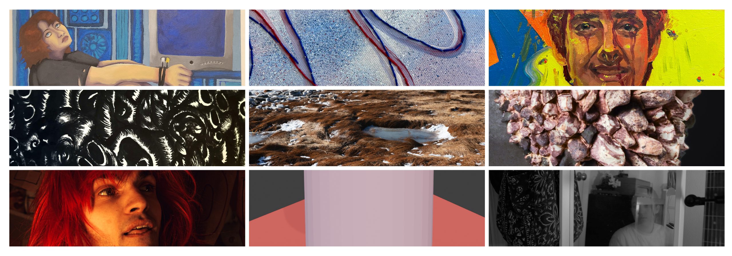 A 3 x 3 grid of details of student artwork