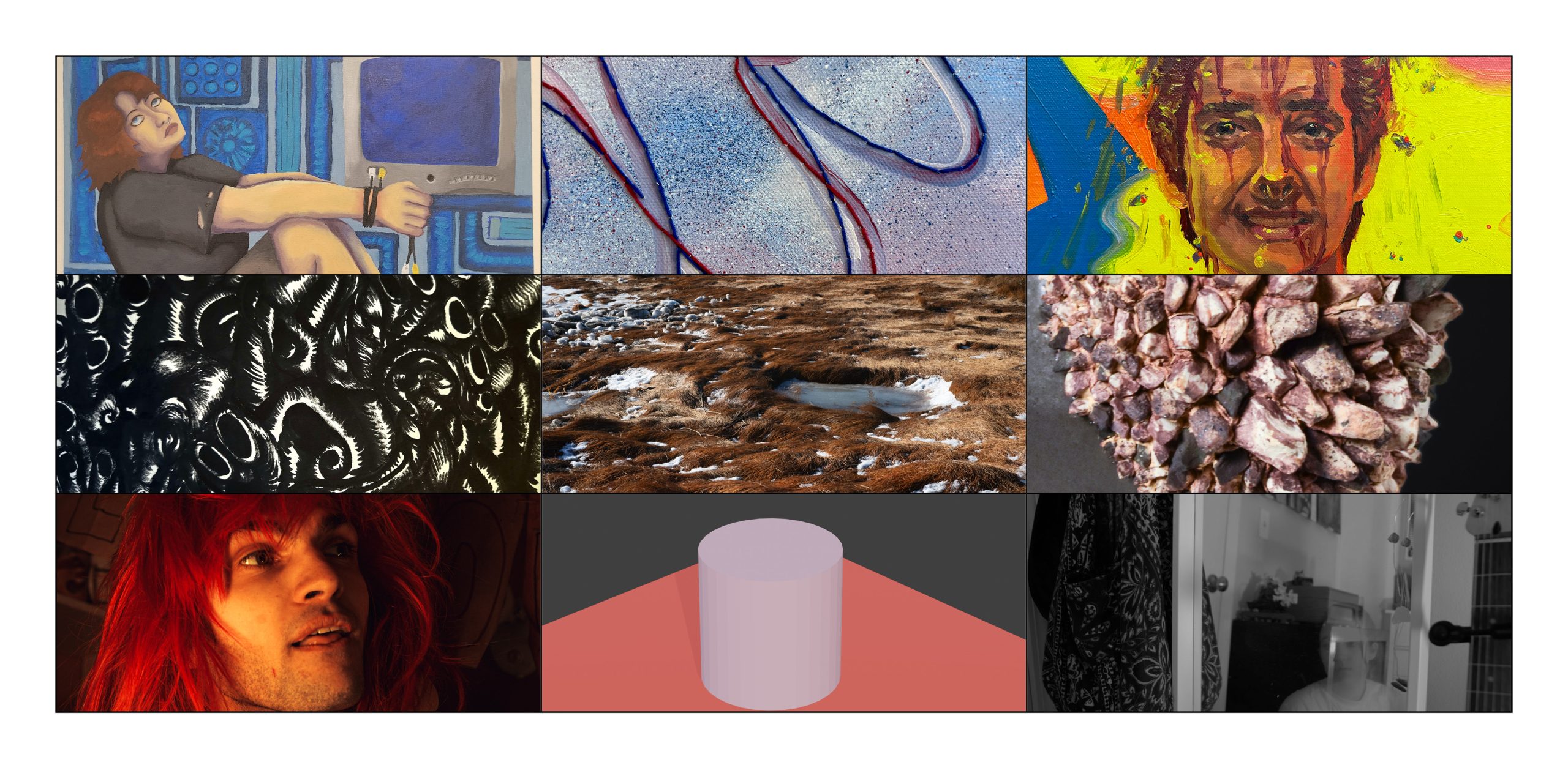 A 3 x 3 grid of student artwork