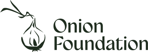 A black and white image of an onion that reads "Onion Foundation" at right