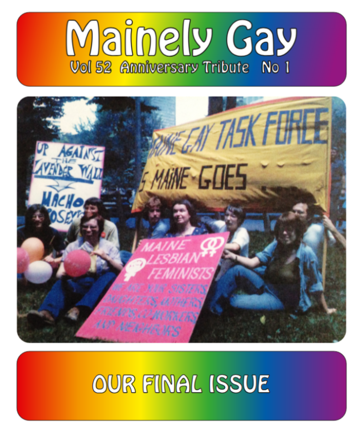Group of people holding a sign with a rainbow newsletter cover above and below, separated by the group photo