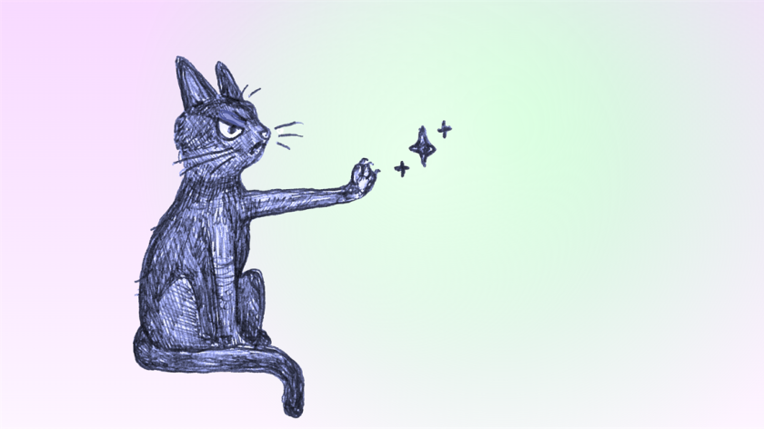A disgruntled cat holds a paw up to generative A.I. sparkles