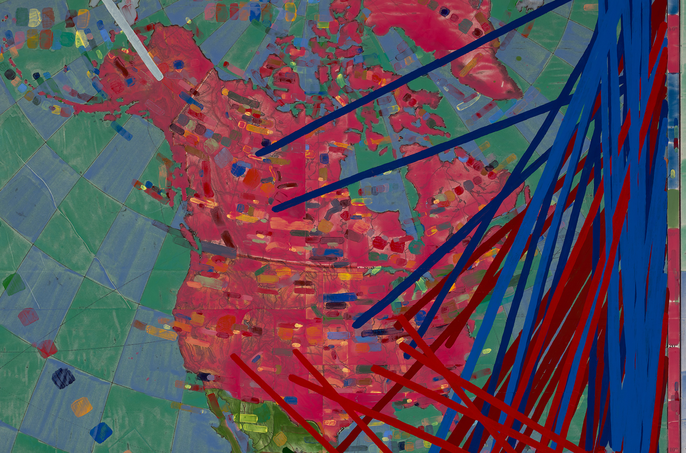 Detail of a painting titled "No. 6: Colonizing in North and Central America Since 1400" by Artist Dan Mills. The painting depicts of map of North America with colorful, hand-painted strokes on top.