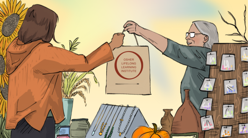 Illustration of woman handing over bag at craft fair. The bag contains the Osher Lifelong Learning logo.
