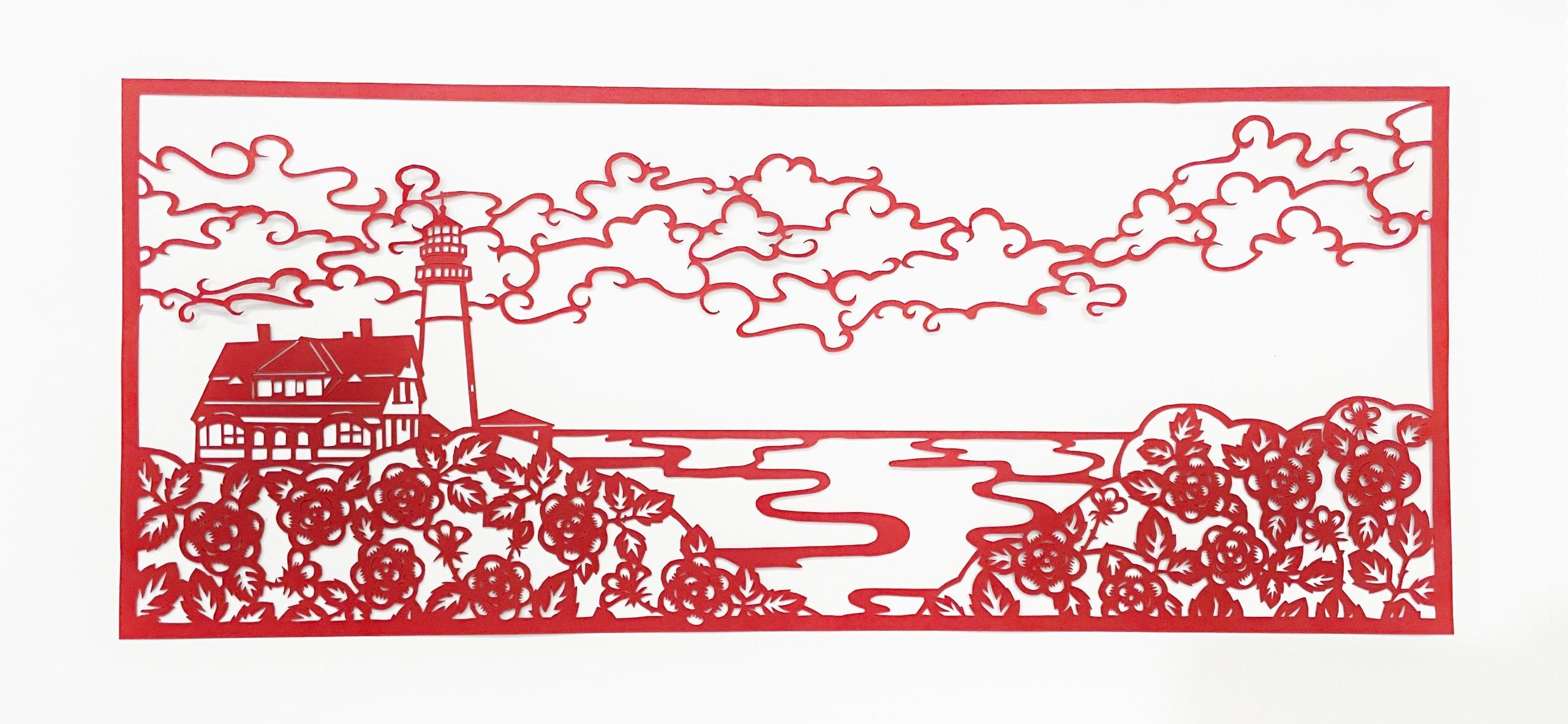 A red papercut outlie illustration with a lighthouse on the left, forestson theleft and right, clouds in teh sky, and a water body in between