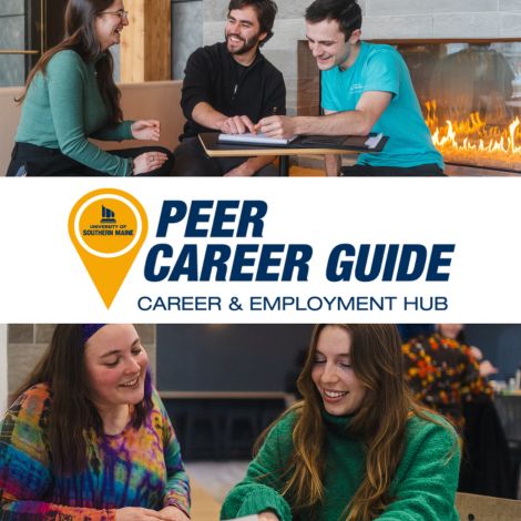 Peer Career Guide logo in the middle of the page with two pictures of Peer Career Guides working with students above and below.