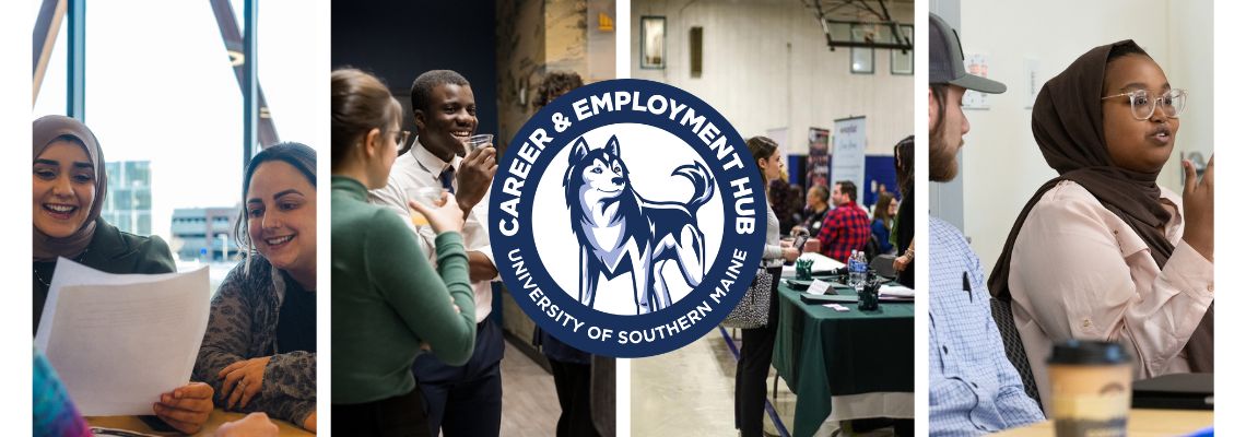 Four images with the Career & Employment Hub logo in the center. Left to right: two Peer Career Guides sitting in McGoldrick Center looking at a printed resume, students mingling at the Networking Dinner, students talking to employer reps at the Job Fair, students presenting at the Internship Showcase.