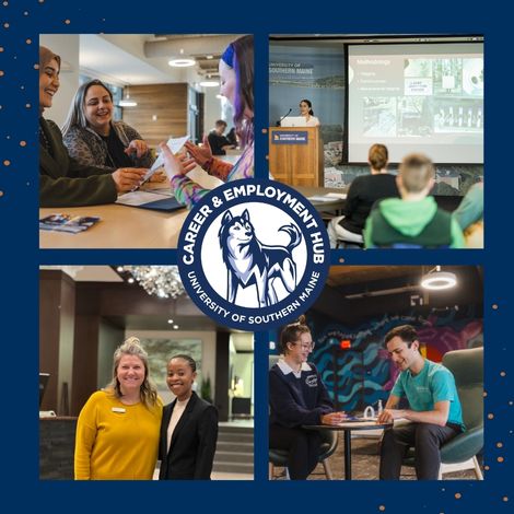 Four images with the Career & Employment Hub logo in the center. From Left to right, top to bottom: Three Peer Career Guides sit at a table in McGoldrick looking at resumes, a student presents on their internship through CEIP, a student poses with their host during their Job Shadow program, a Peer Career Guide works with a student on their resume.
