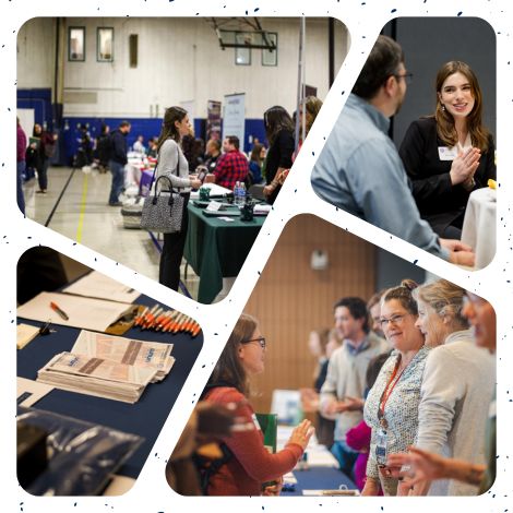 Four images in angled frames. Left to right, top to bottom: Student talking to an employer rep at a Job Fair, student sitting at a table and talking during the Networking Dinner, table of pamphlets, pens, and nametags for the Networking Dinner, students talking to employer reps at a Job Fair.