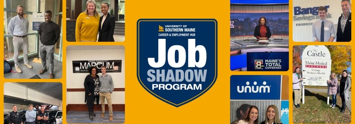 The Job Shadow Program logo in the center surrounded by pictures of students who have participated in the program at the host sites.